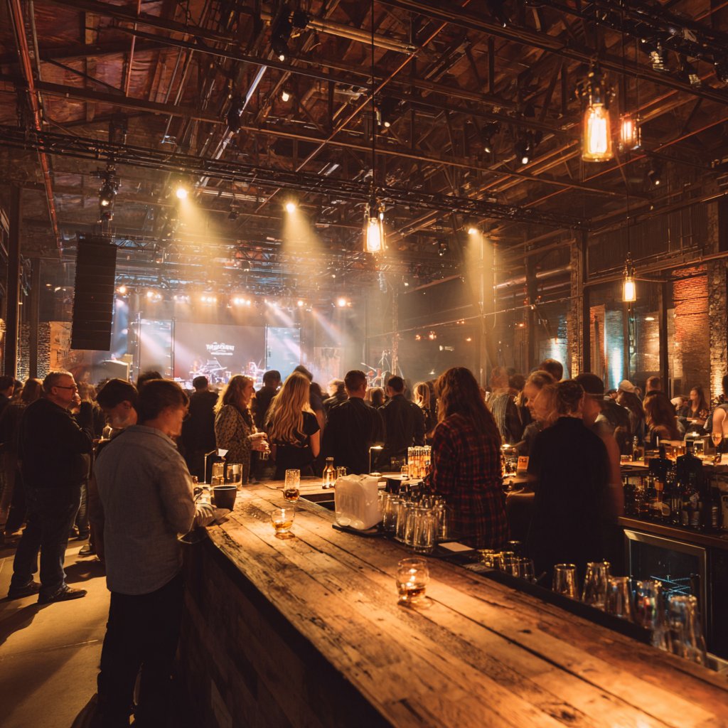 Live venue activation — crowd, stage, and bar in a converted industrial space