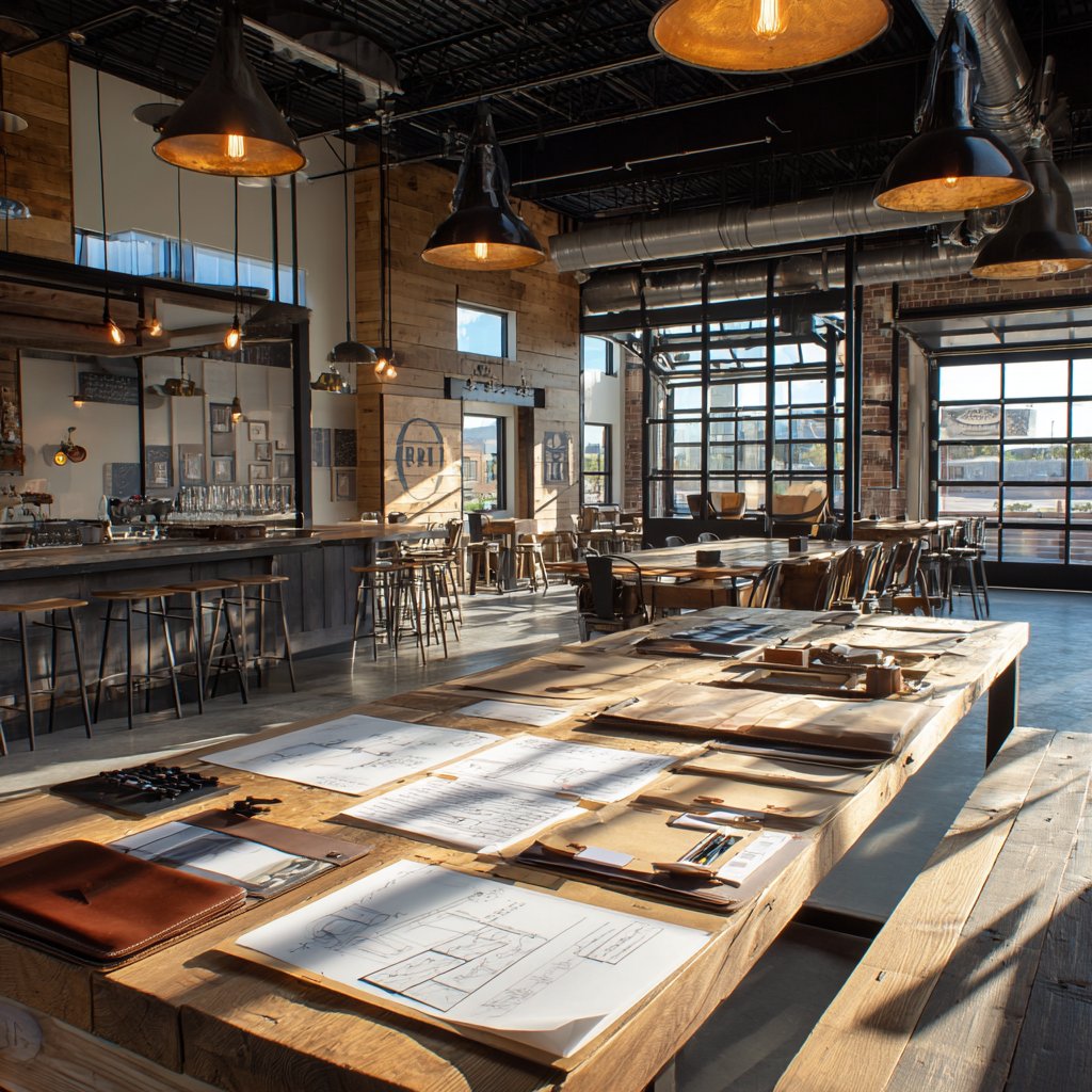 Brand strategy session — drawings and concept work on a reclaimed wood table in a construction-phase restaurant