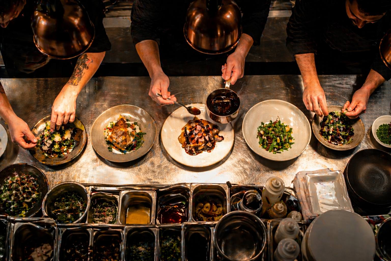 Chefs plating at the pass